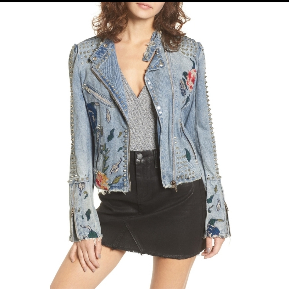 Blank NYC Studded Embroidered Floral Moto Denim Jean Jacket Large